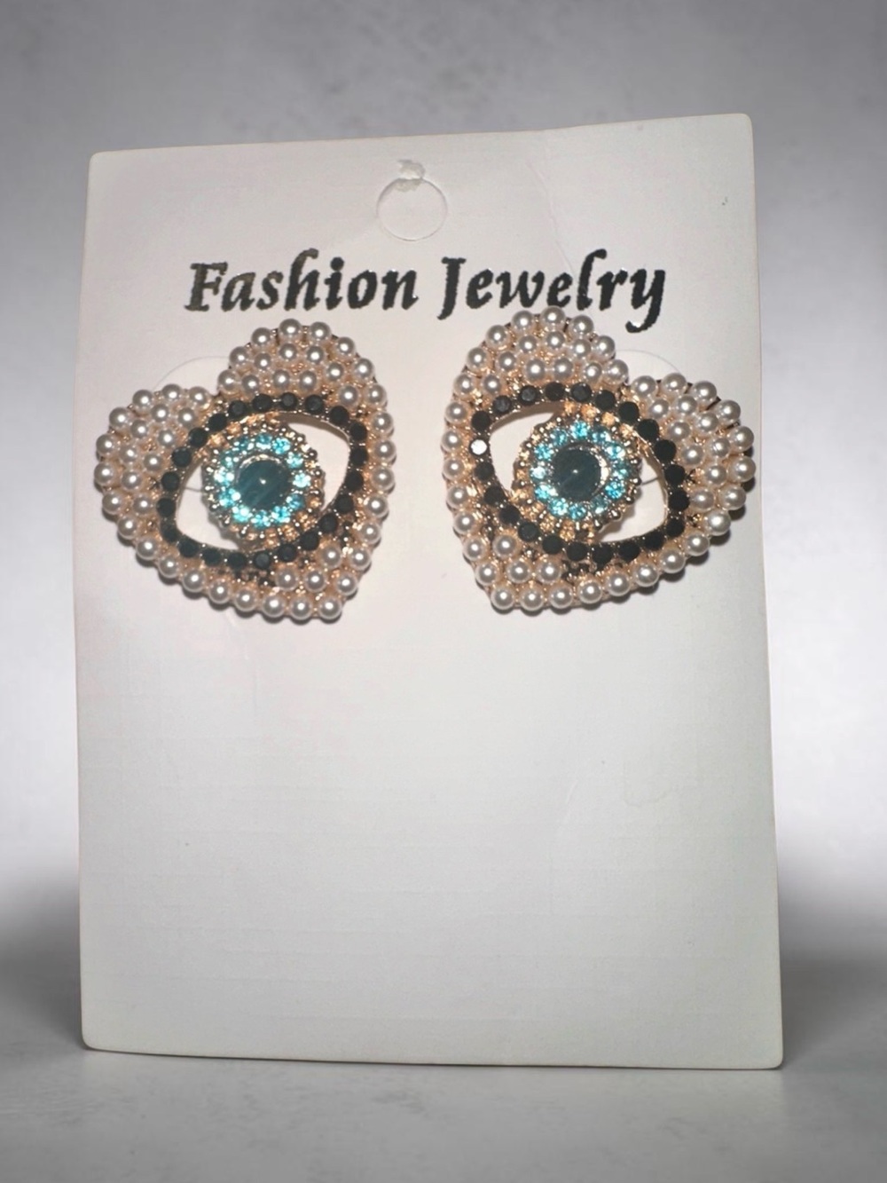 Fashion Pearl Heart Earrings with Aqua Crystal evil eye Accent